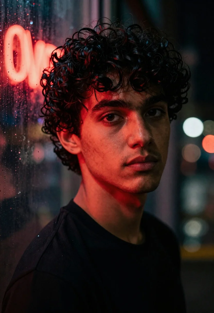 Close up portrait of young man with dark curly hair by window - AI generated image prompt sample