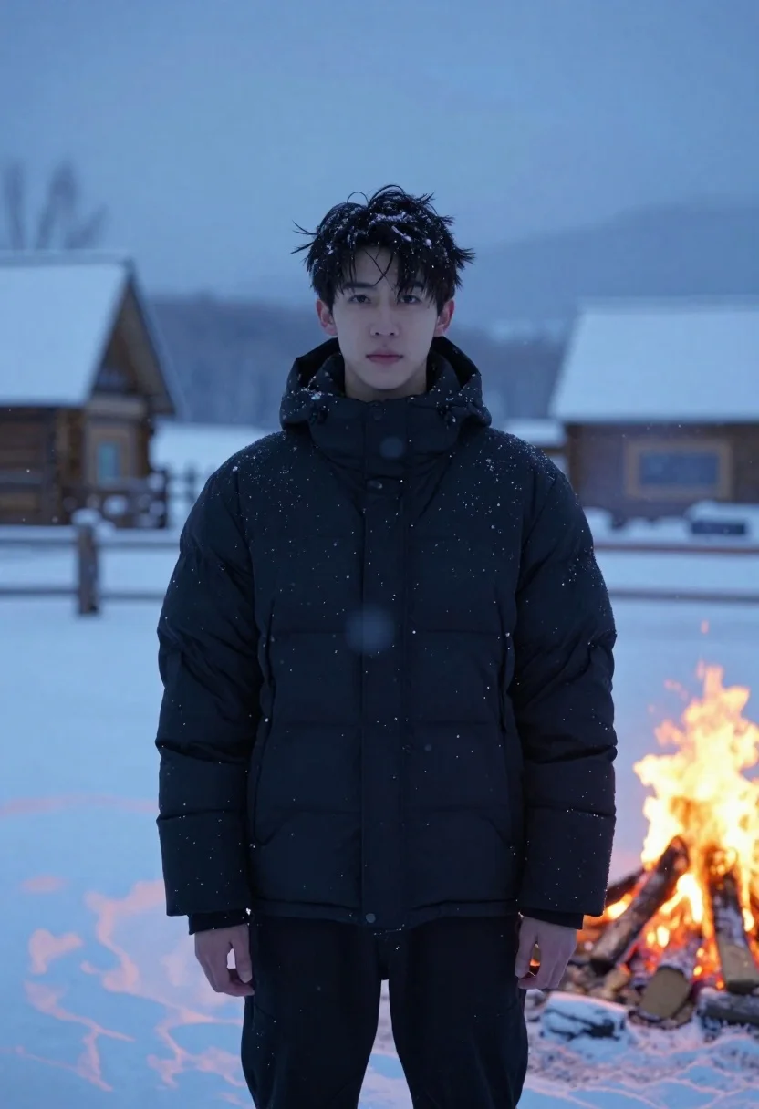 Young man in black jacket standing in snowy landscape at twilight - AI generated image prompt sample