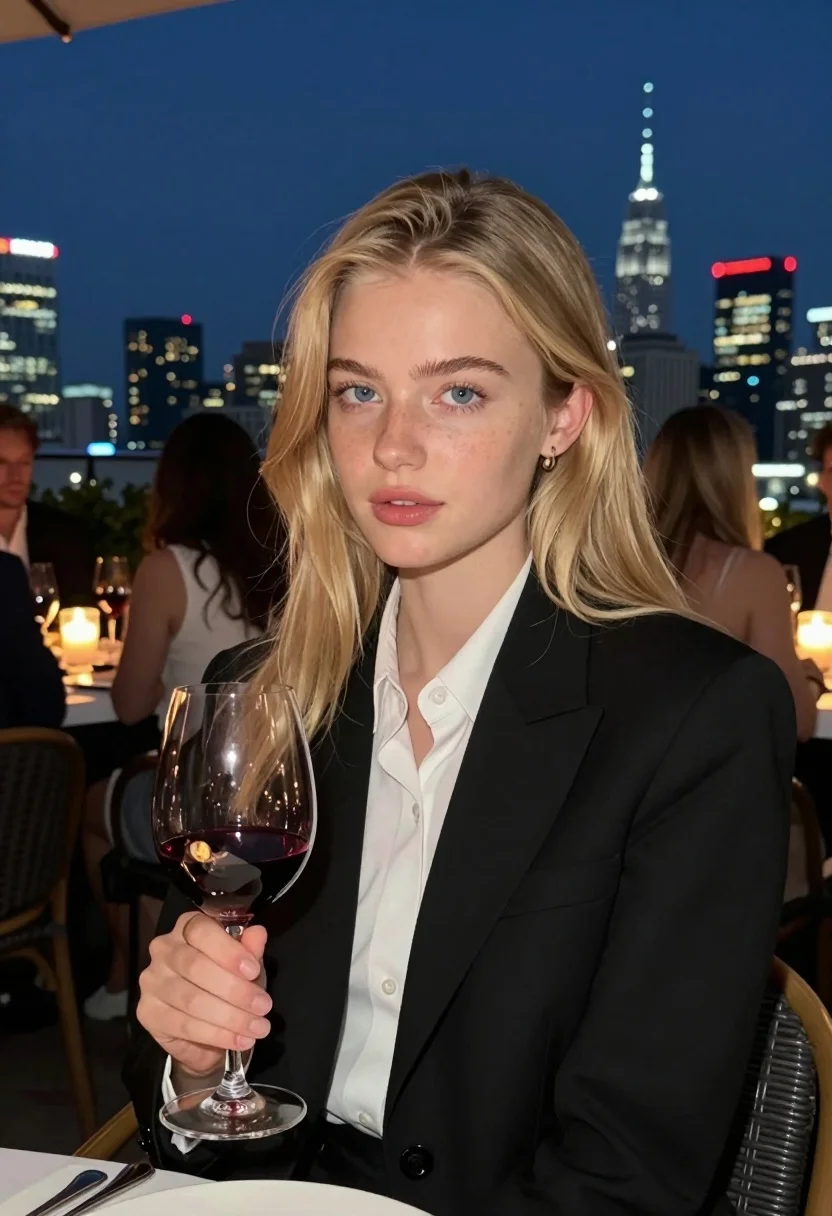 Fair blonde woman at rooftop restaurant holding red wine glass at night - AI generated image prompt sample