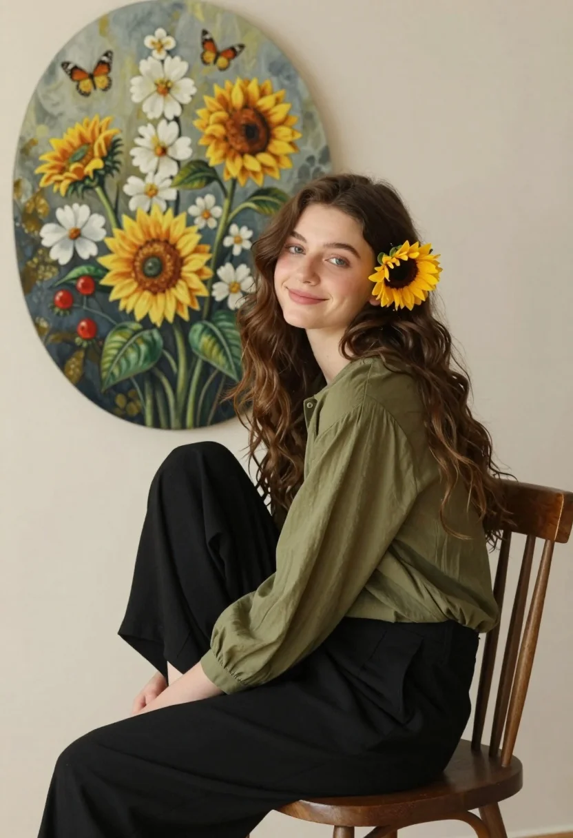 Young woman with brown hair seated by sunflowers against neutral wall backdrop - AI generated image prompt sample