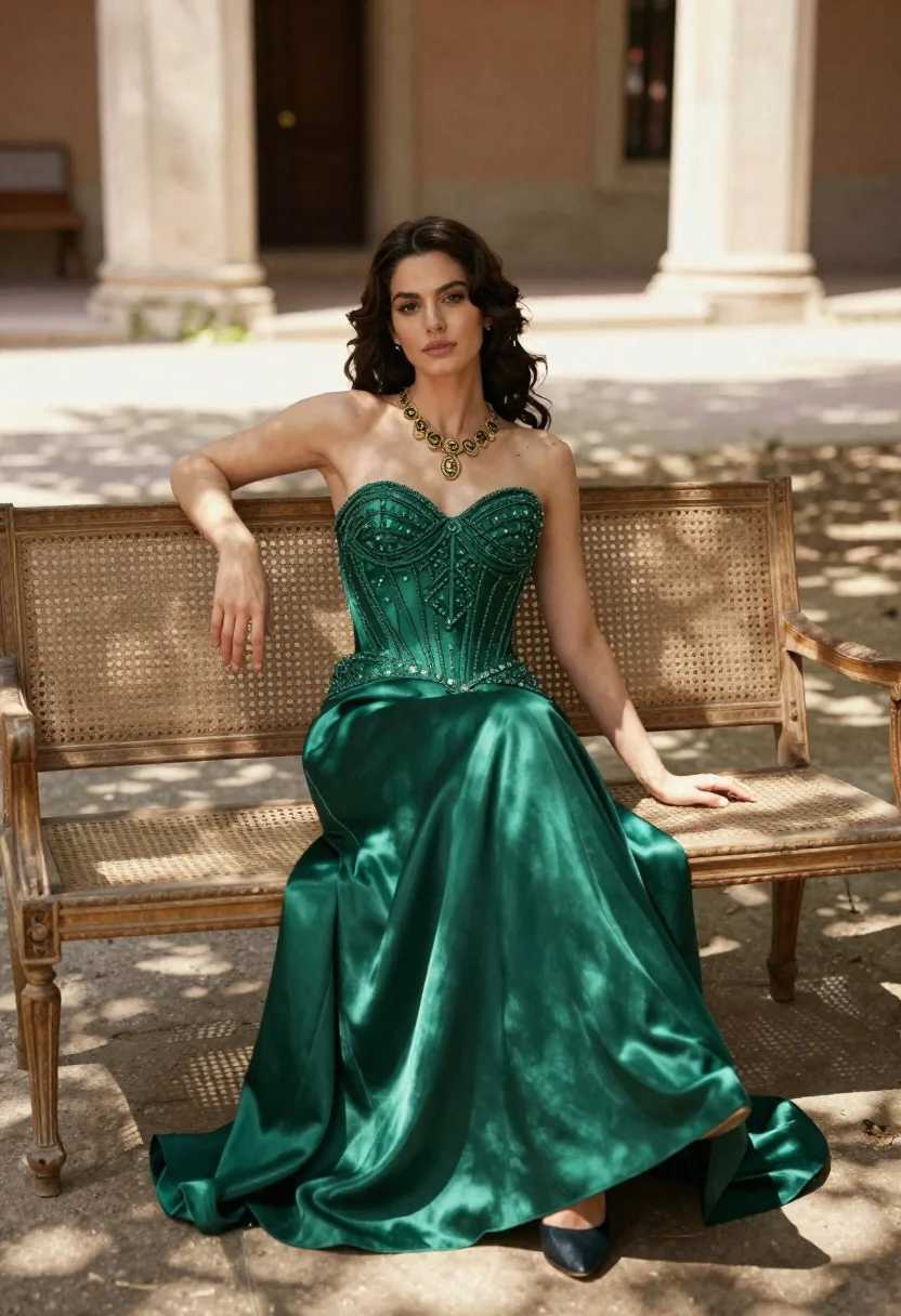 Woman in emerald gown sitting on vintage bench in sunlit courtyard