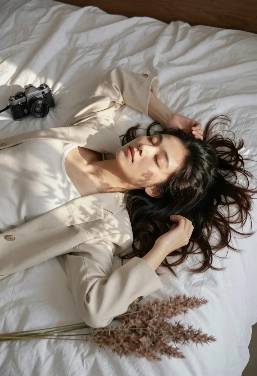Woman resting on white bedsheets with vintage camera and pampas grass
