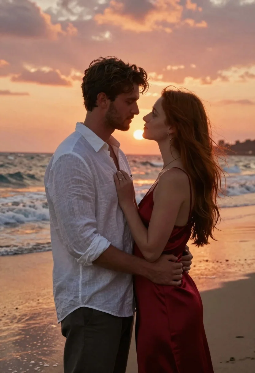Romantic portrait of couple embracing on wet beach at sunset - AI generated image prompt sample