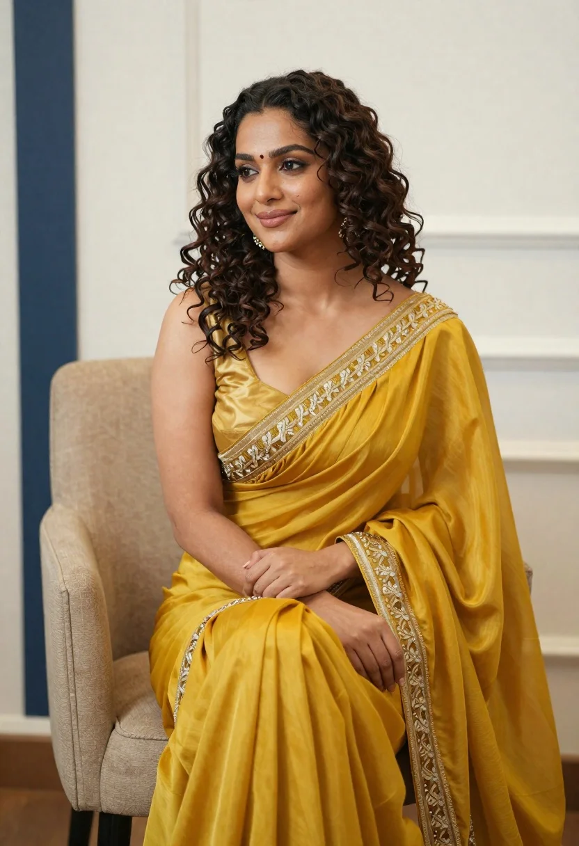 Portrait of woman in yellow embroidered saree seated indoors