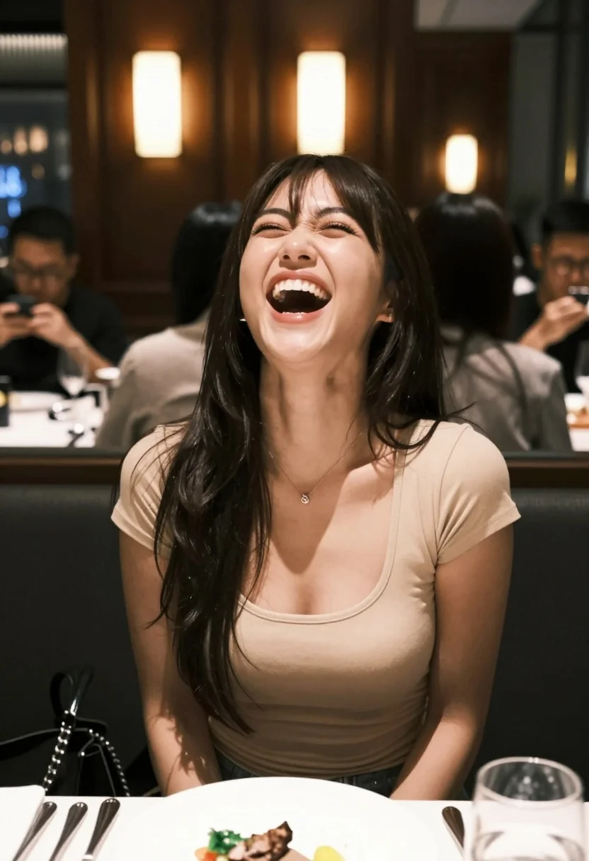Candid portrait of young woman laughing at an upscale restaurant table - AI generated image prompt sample