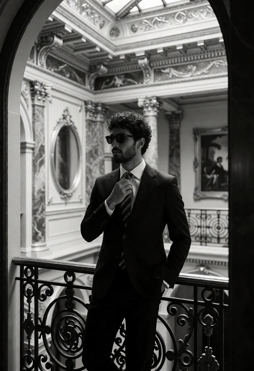 Man in dark suit on ornate balcony within grand classical interior hall - AI generated image prompt sample