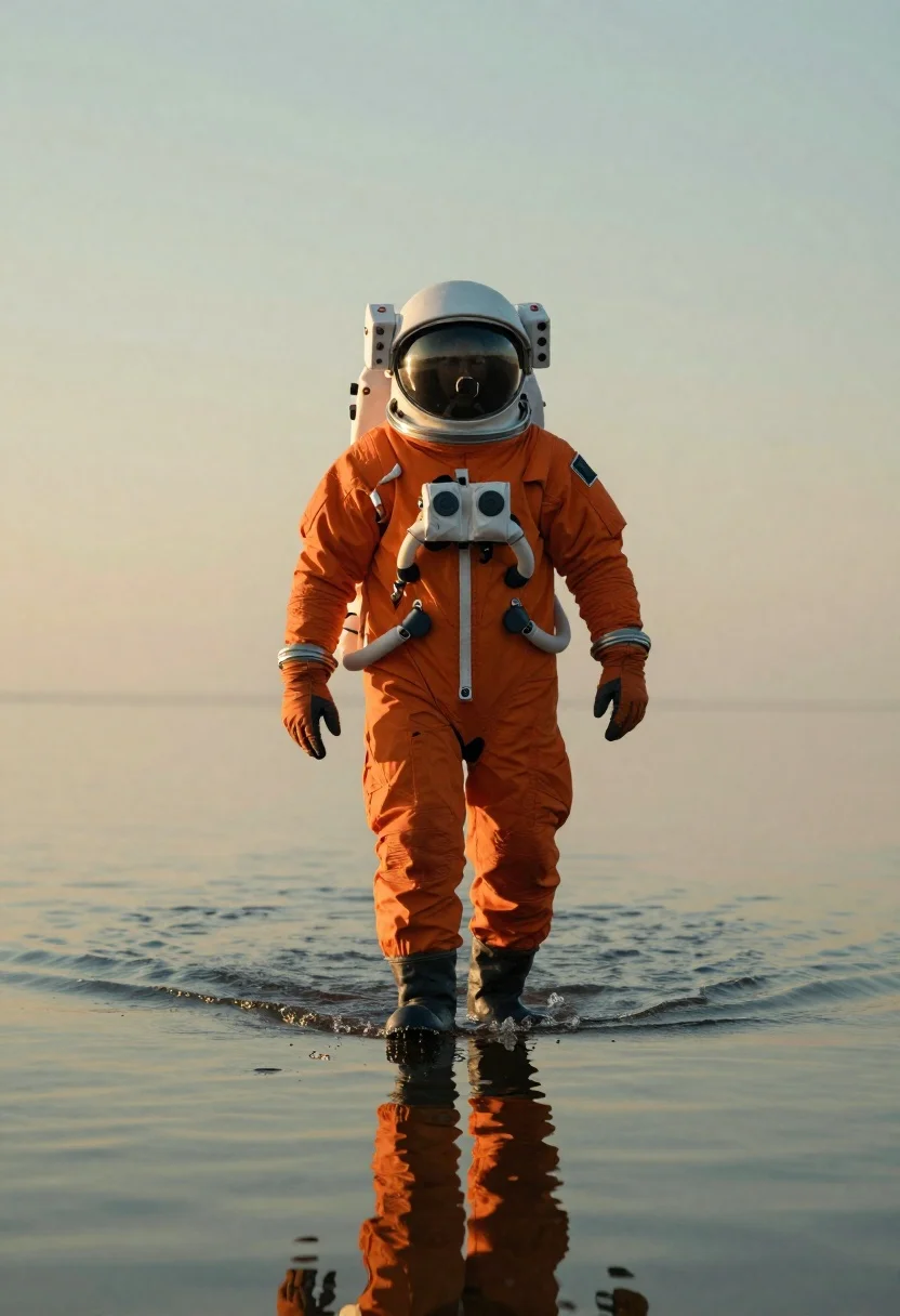 Astronaut walking through calm reflective shallow water