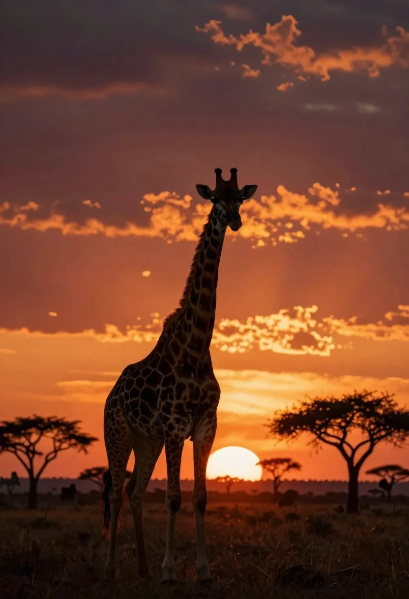 Silhouette of giraffe in african savanna at sunset