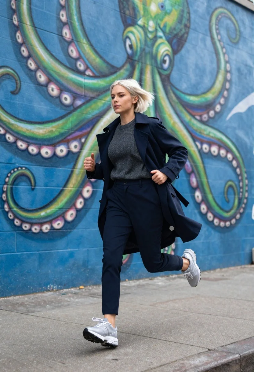 Young woman with platinum blonde hair running on city sidewalk past blue - AI generated image prompt sample