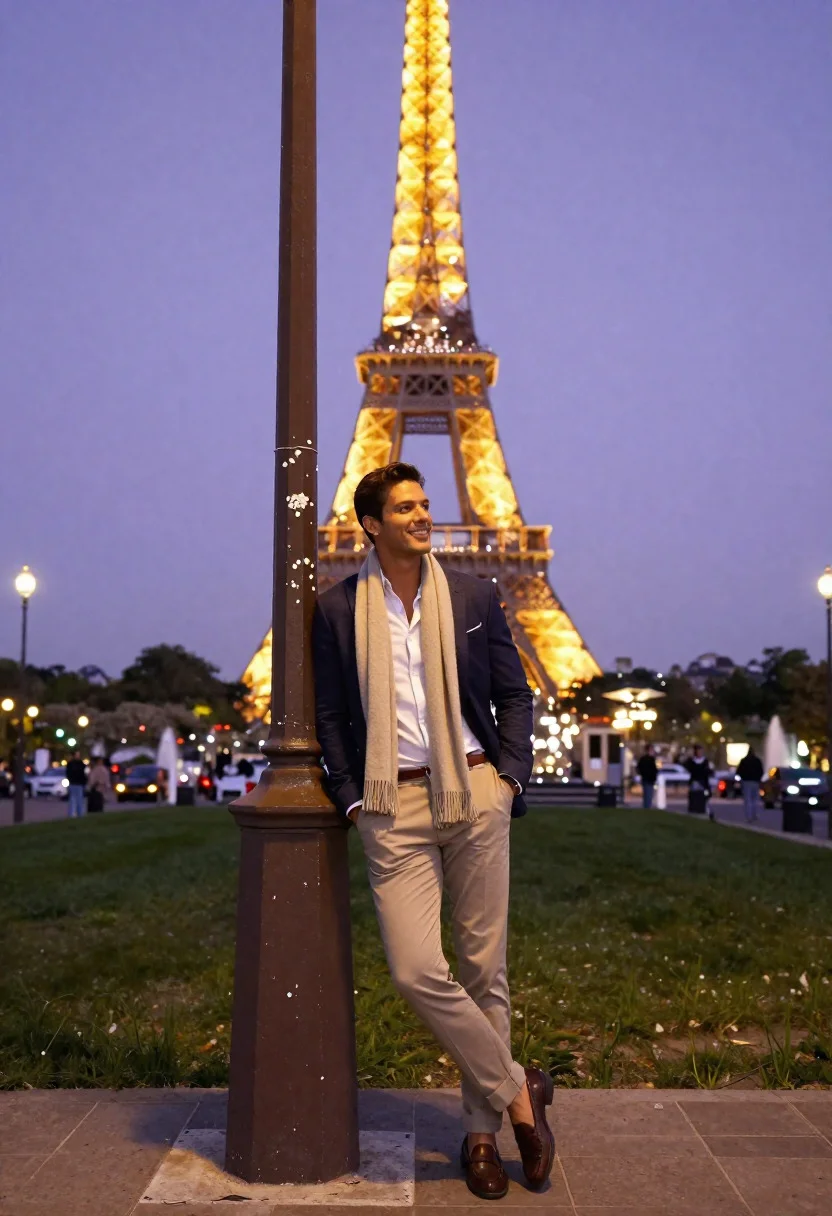 Stylish man posing before eiffel tower at paris twilight