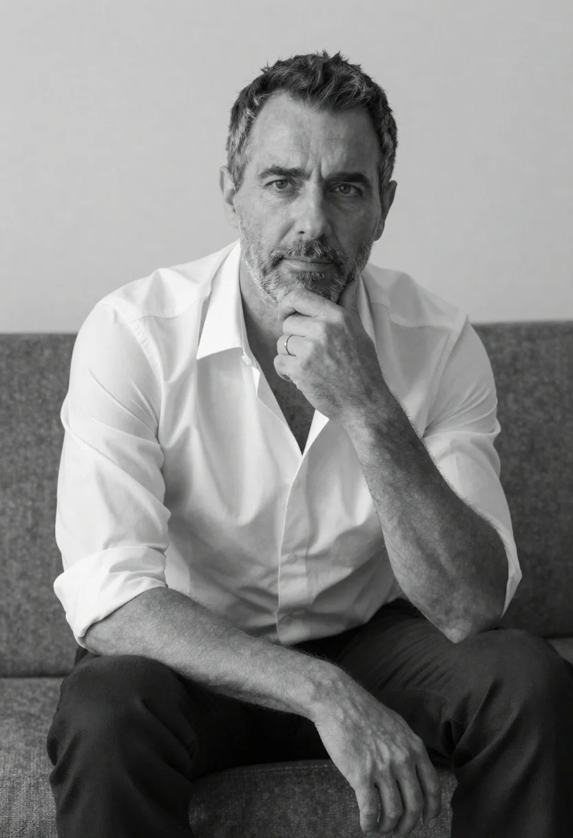 Black and white portrait of a man sitting on a couch