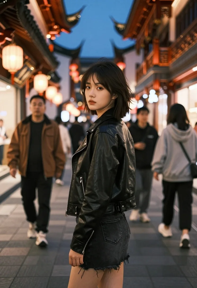 East asian woman in black leather jacket on bustling chinese street at - AI generated image prompt sample