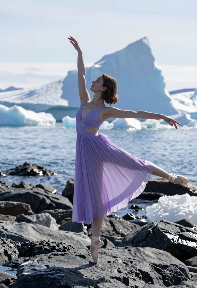 Ballerina en pointe on dark wet rocks near massive icebergs at coast - AI generated image prompt sample