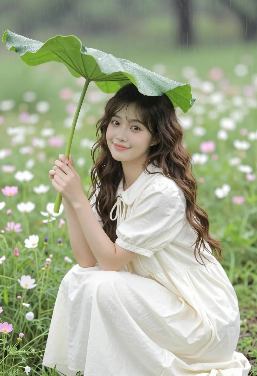 Young woman in cream dress shielding herself under large leaf in wildflower - AI generated image prompt sample