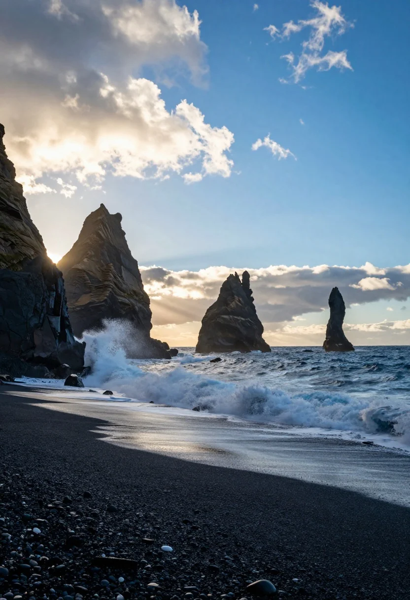 Dramatic coastal landscape with towering sea stacks crashing waves on black sand - AI generated image prompt sample