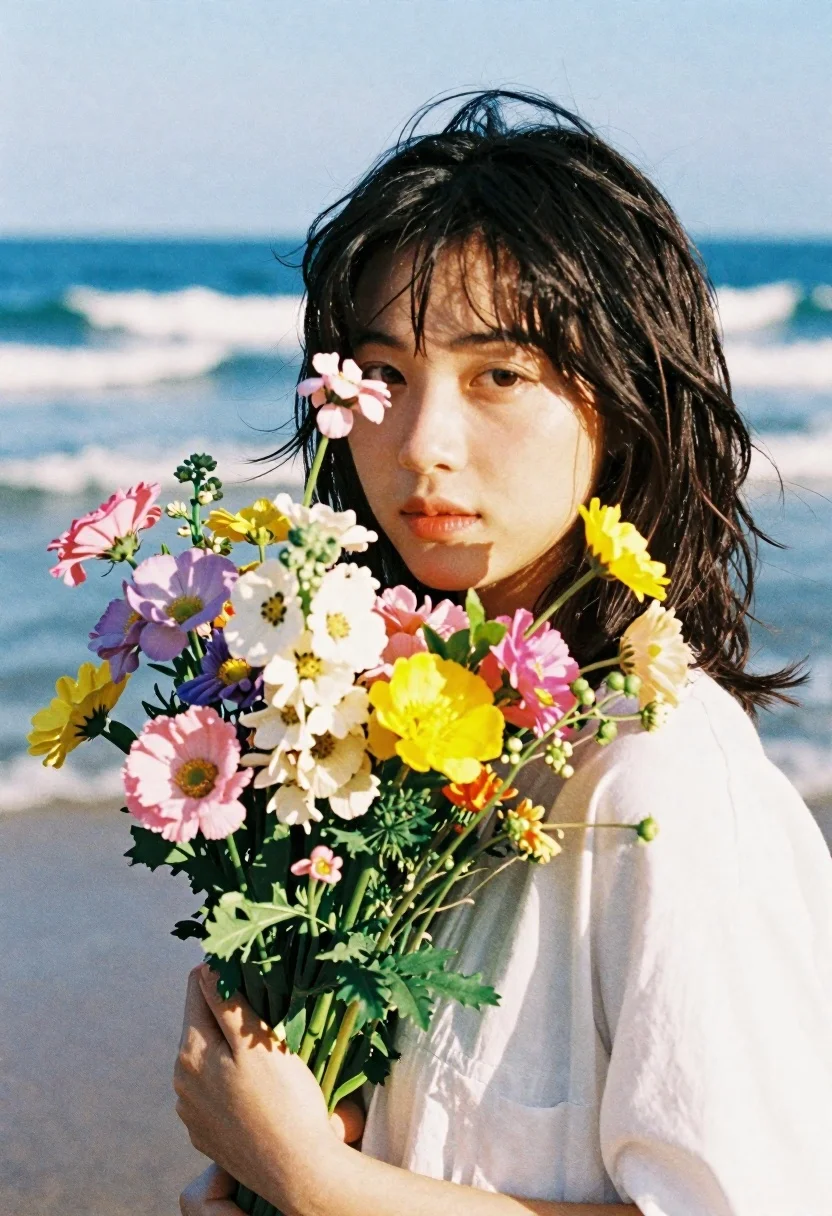 Young woman holding flowers by blue ocean backdrop
