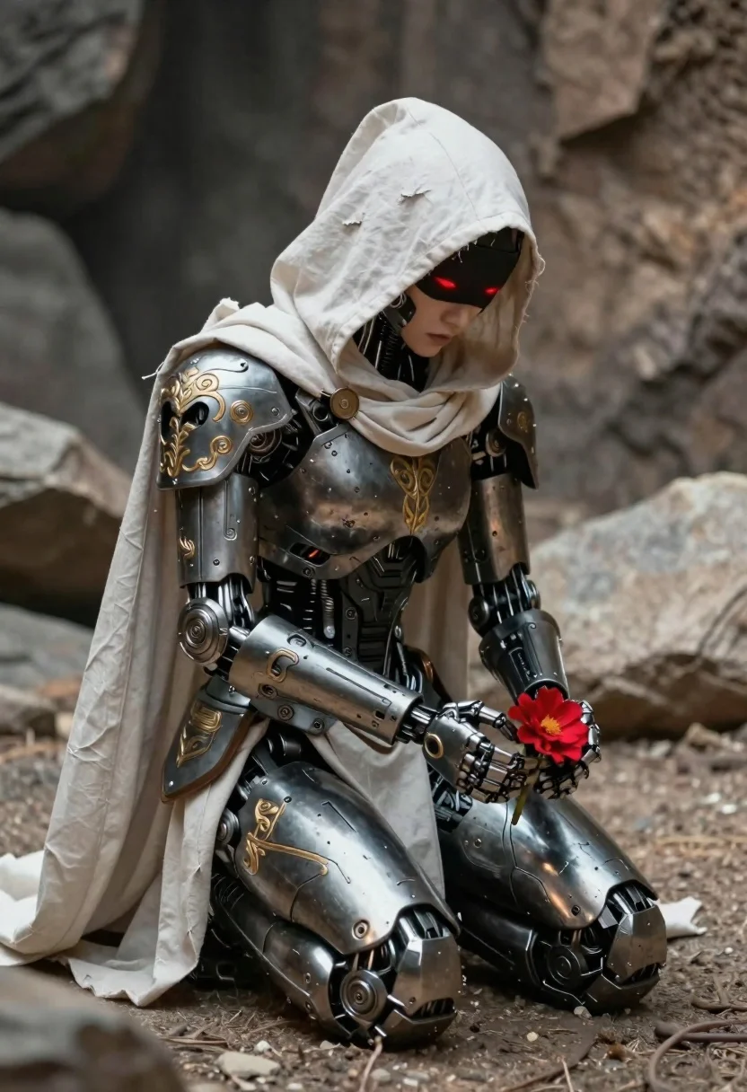 Robotic warrior kneeling in rocky canyon terrain