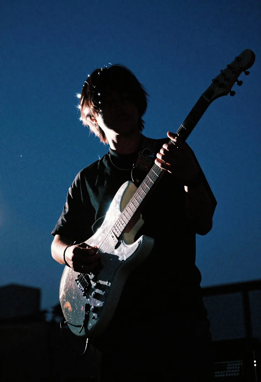 Musician silhouetted against deep blue night sky with glowing guitar