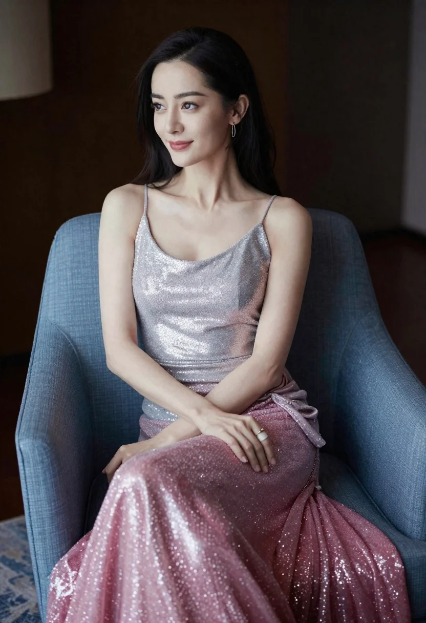 Woman in shimmering silver pink gown seated in blue armchair indoors
