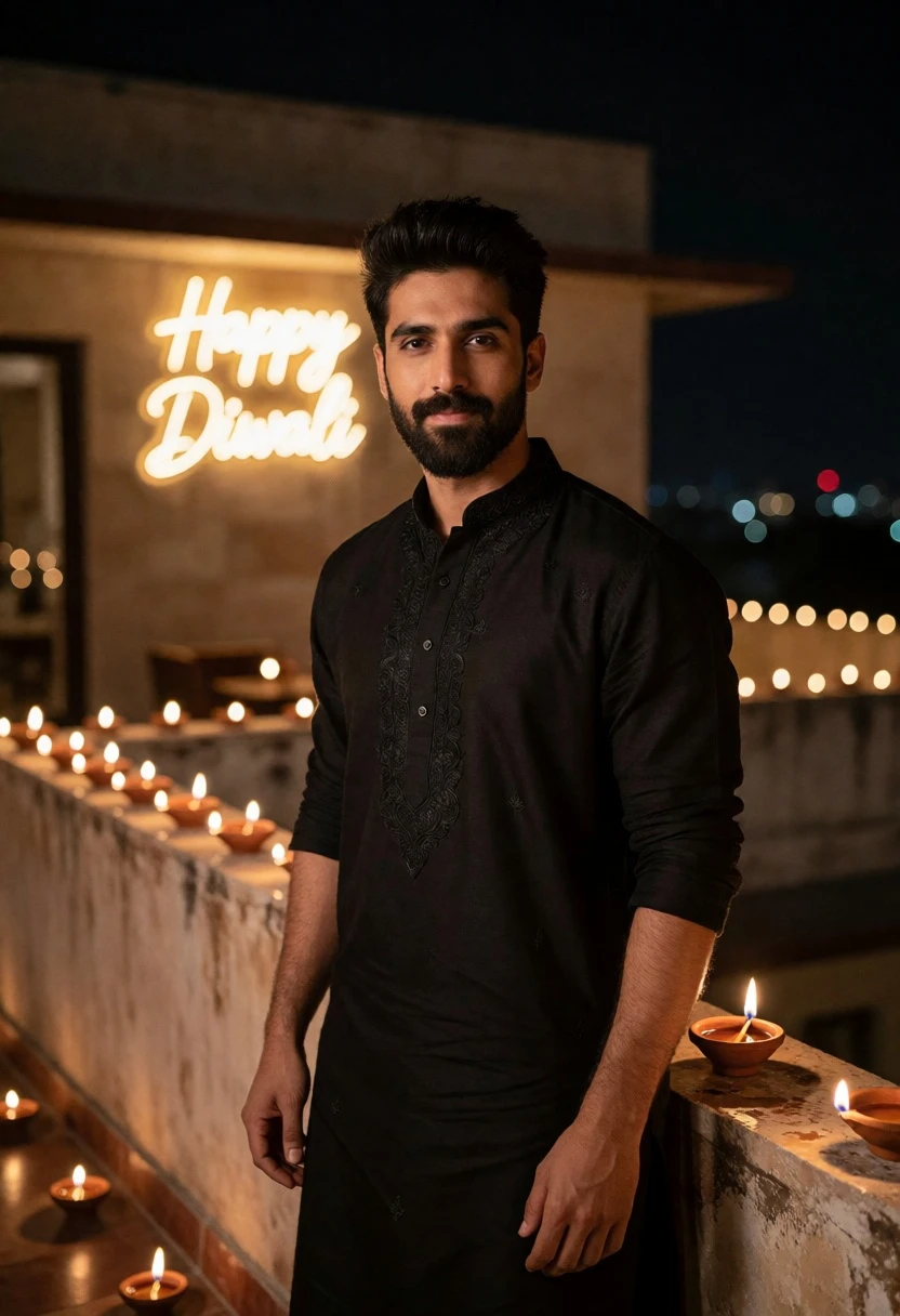 Man in black kurta standing on rooftop terrace at night with neon - AI generated image prompt sample