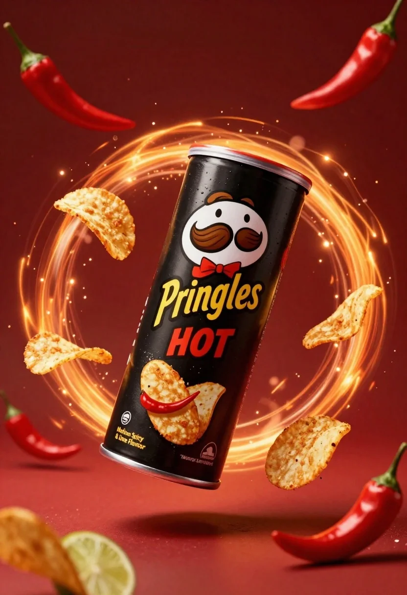 Black pringles can floating in midair with chips and chili peppers against - AI generated image prompt sample