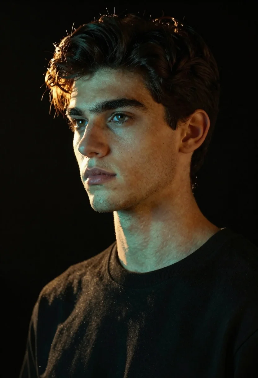 Portrait of handsome young man with brown hair against black background - AI generated image prompt sample