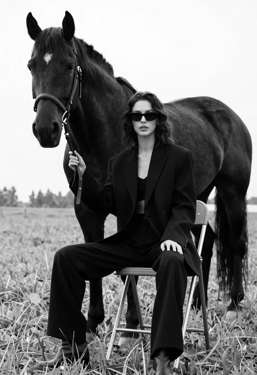 Woman in black outfit sitting on stool with large horse in field - AI generated image prompt sample