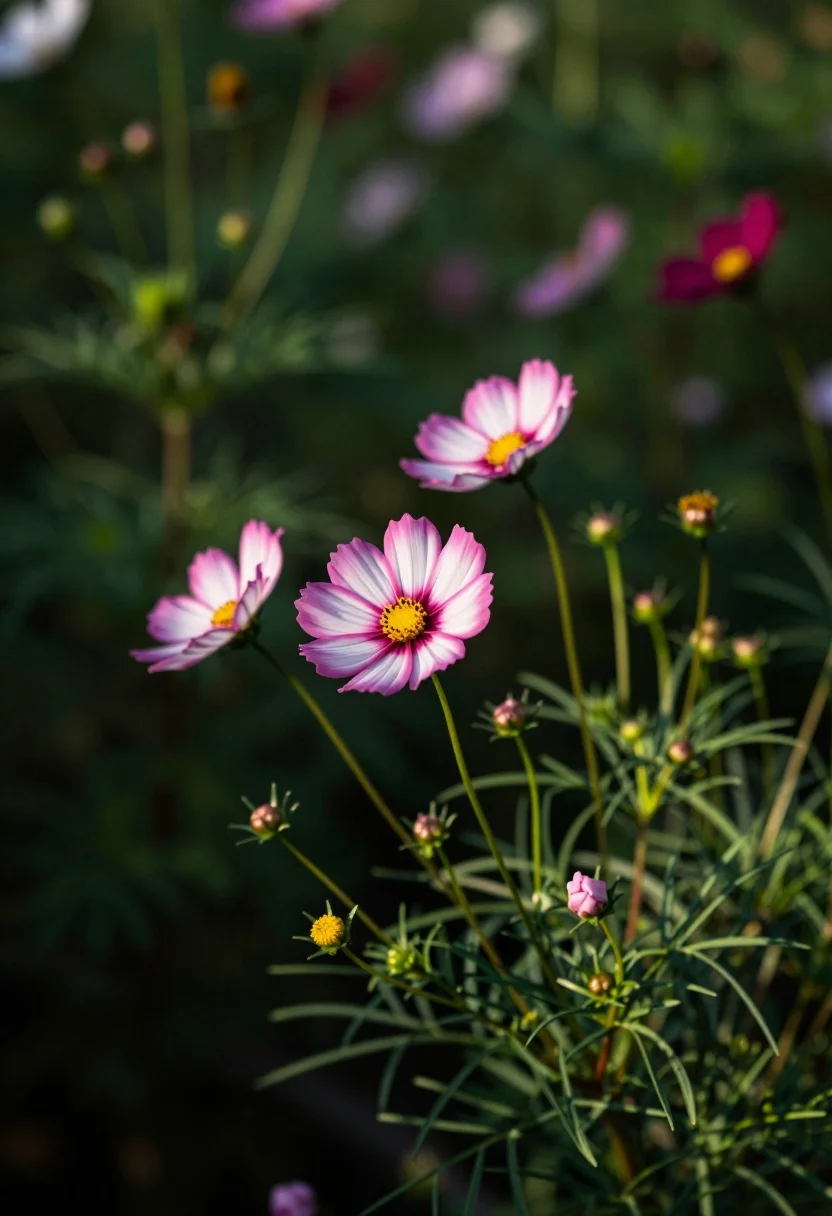 Close up view of delicate pink cosmos flowers blooming in lush garden - AI generated image prompt sample