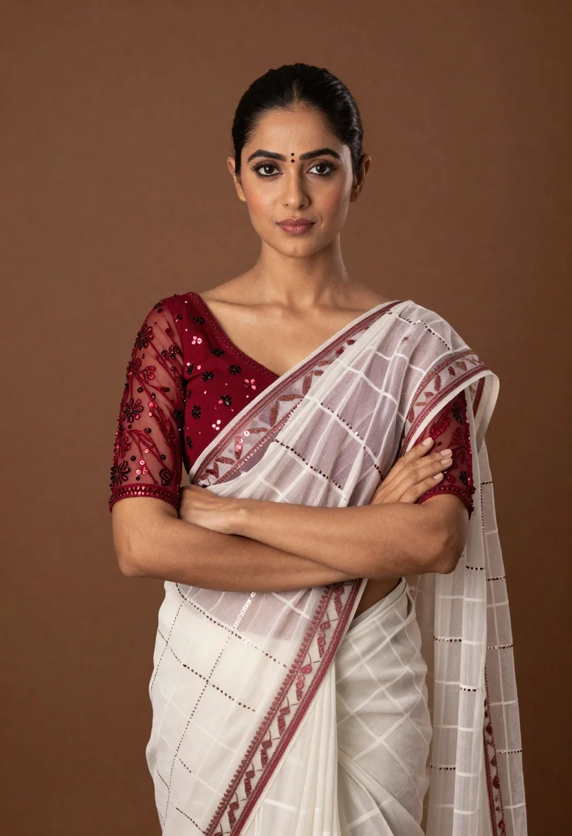 Young woman in white saree and red blouse against brown studio backdrop