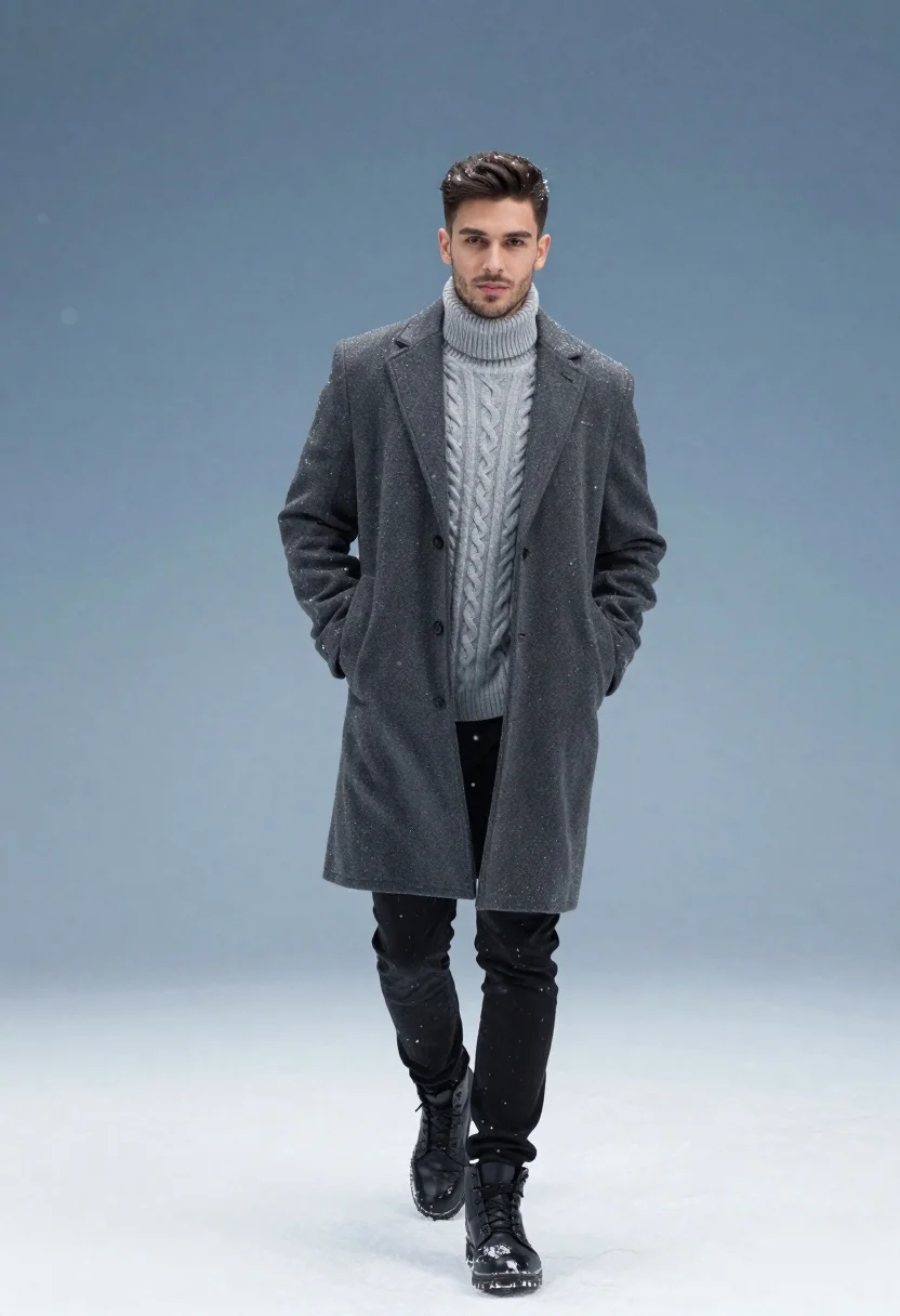 Man in charcoal overcoat walking in falling snow