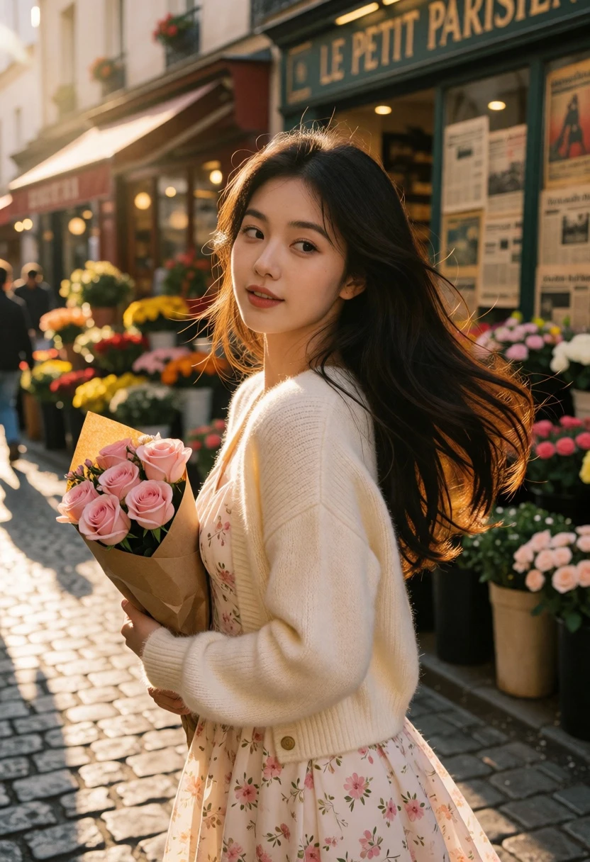 Young woman with dark hair in cream cardigan on charming parisian cobblestone - AI generated image prompt sample