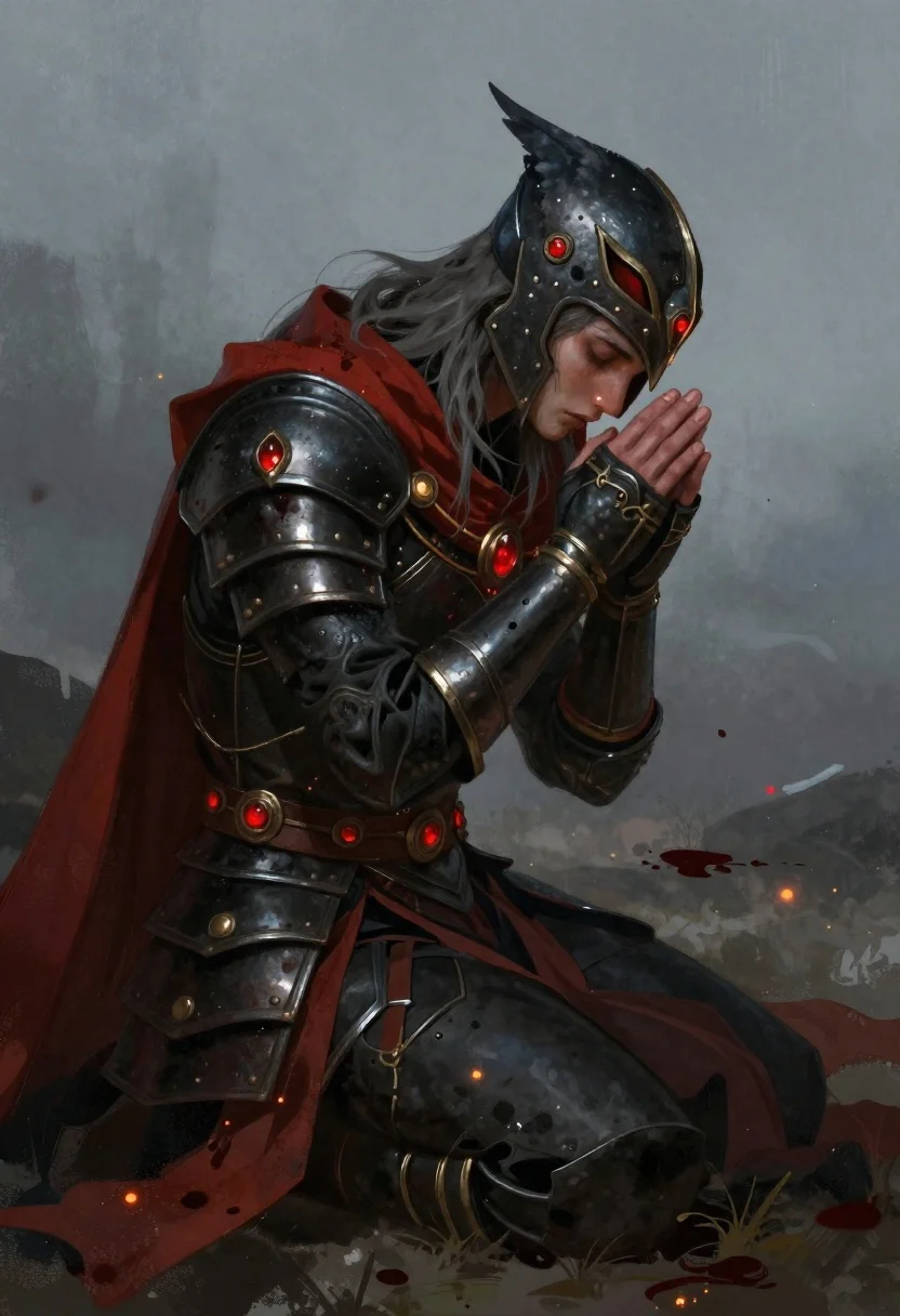 Fantasy warrior kneeling in dark armor amidst mist