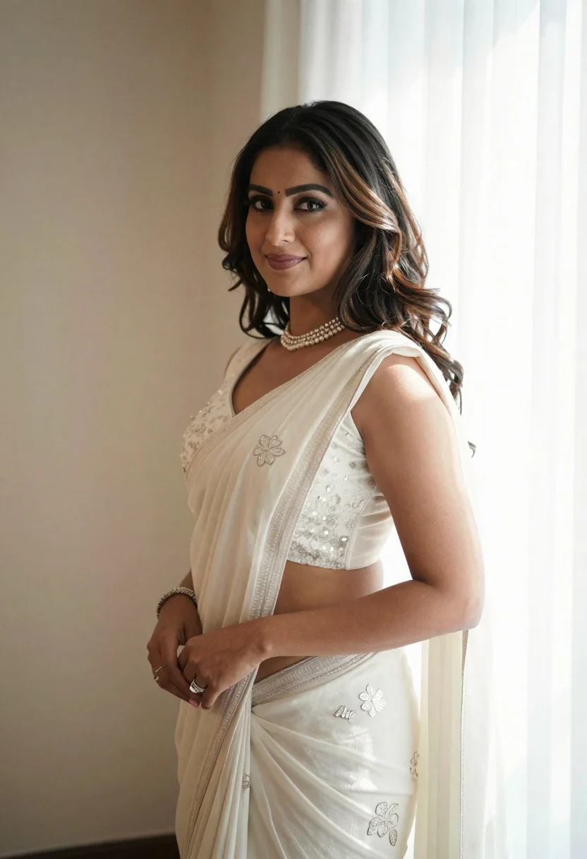 Woman in cream saree posing indoors with natural light on right