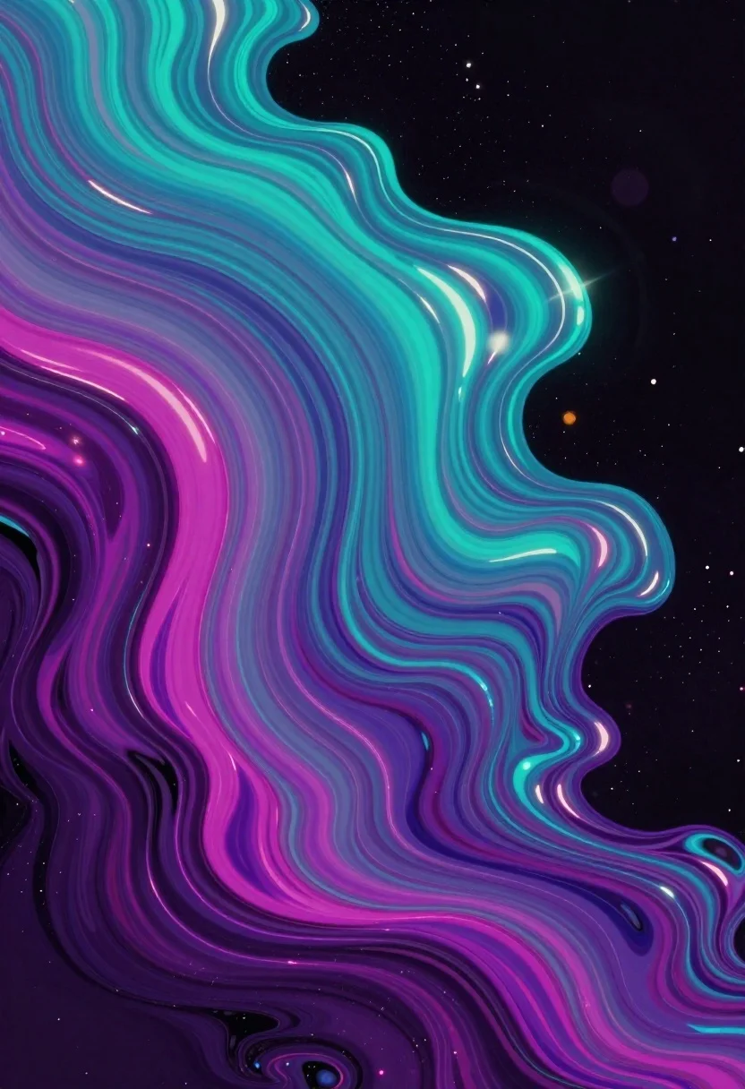 Abstract iridescent fluid wave on dark starry background