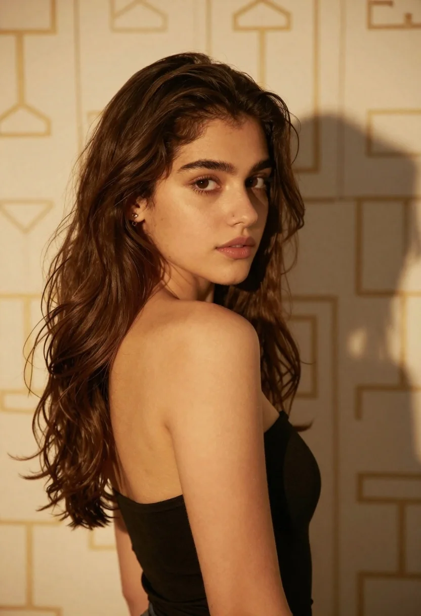 Young woman with brown hair looking back over shoulder against patterned wall
