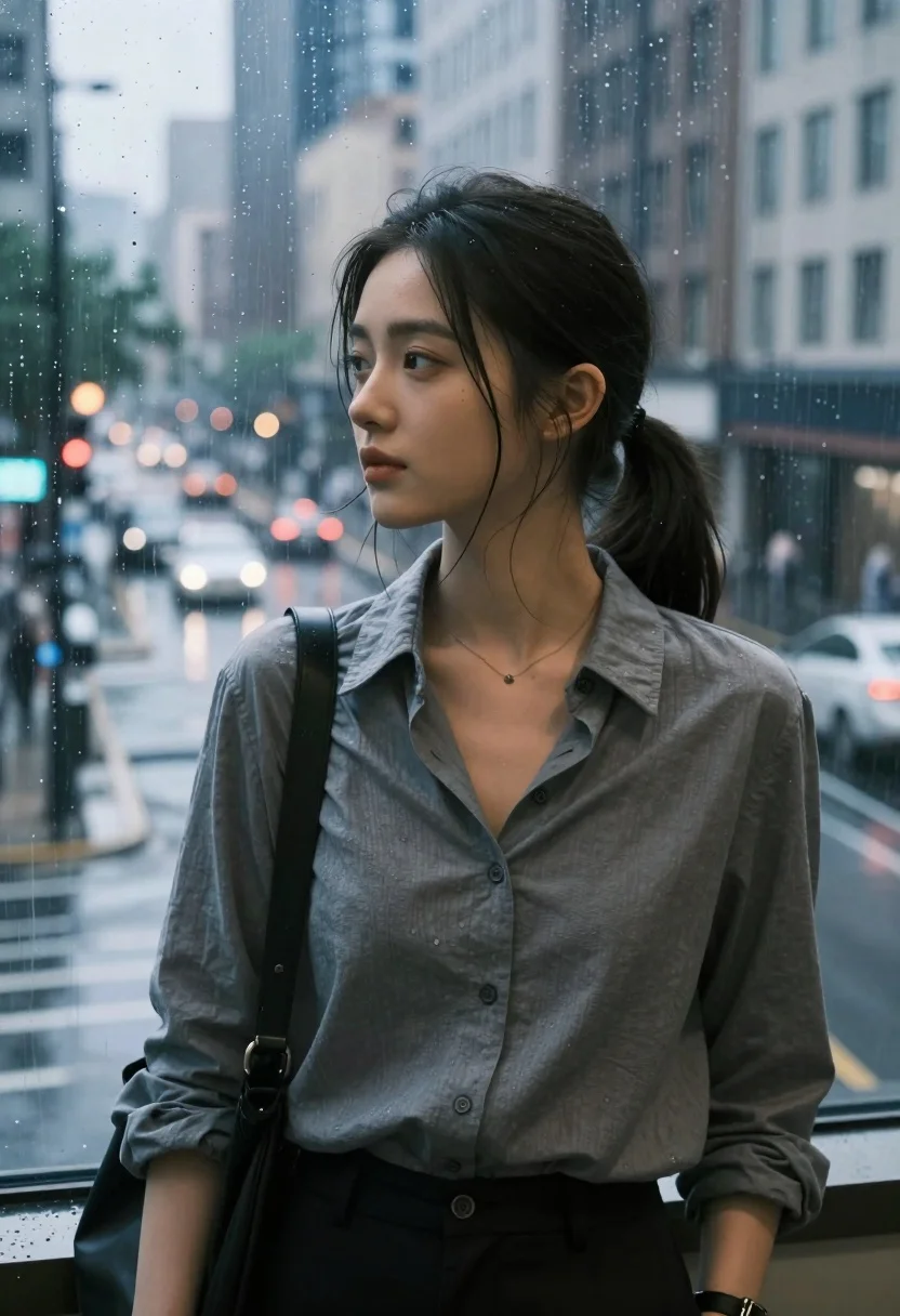 Contemplative young woman by rainstreaked window overlooking wet city street - AI generated image prompt sample