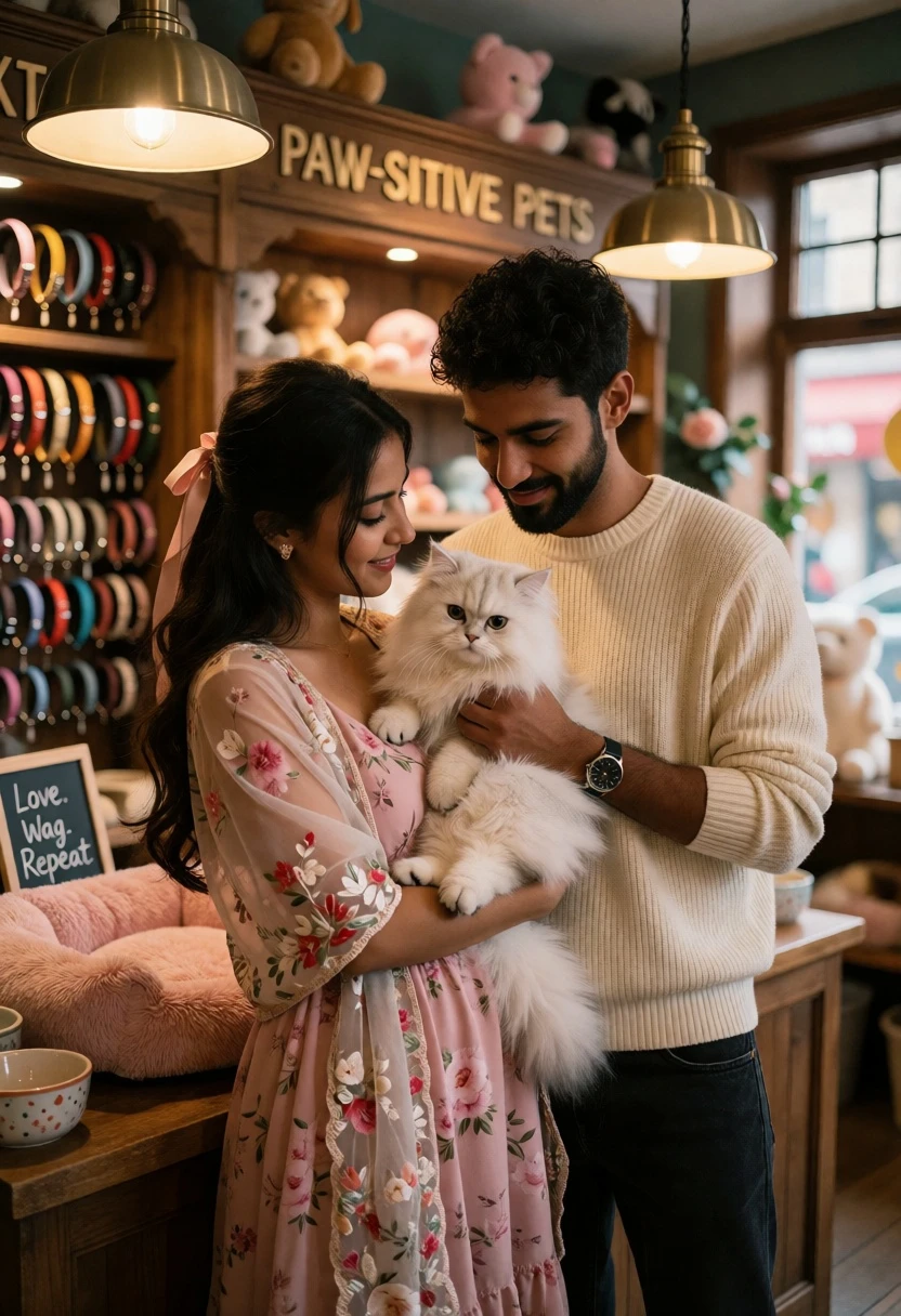 Couple holding white cat inside cozy wooden pet shop setting - AI generated image prompt sample