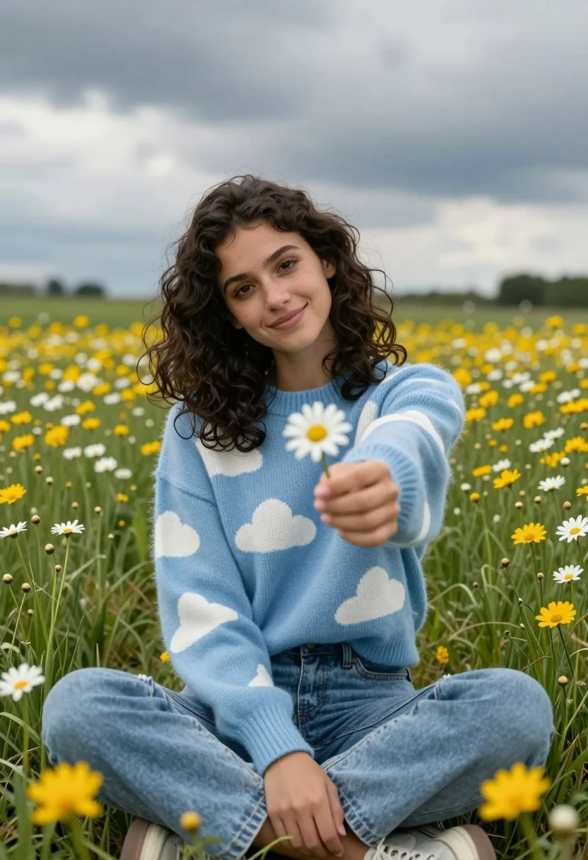 Young woman in blue sweater offering daisy in wildflower meadow under cloudy - AI generated image prompt sample