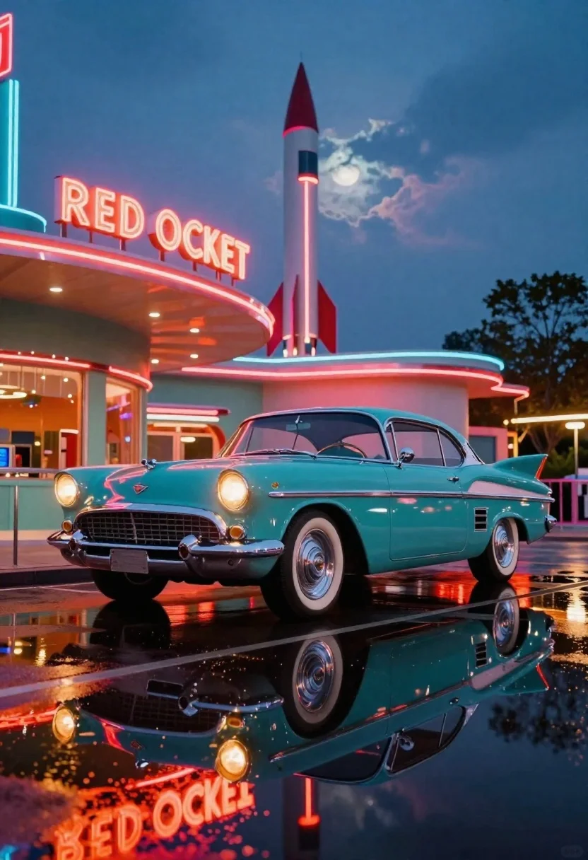 Teal retro car before midcentury diner at twilight