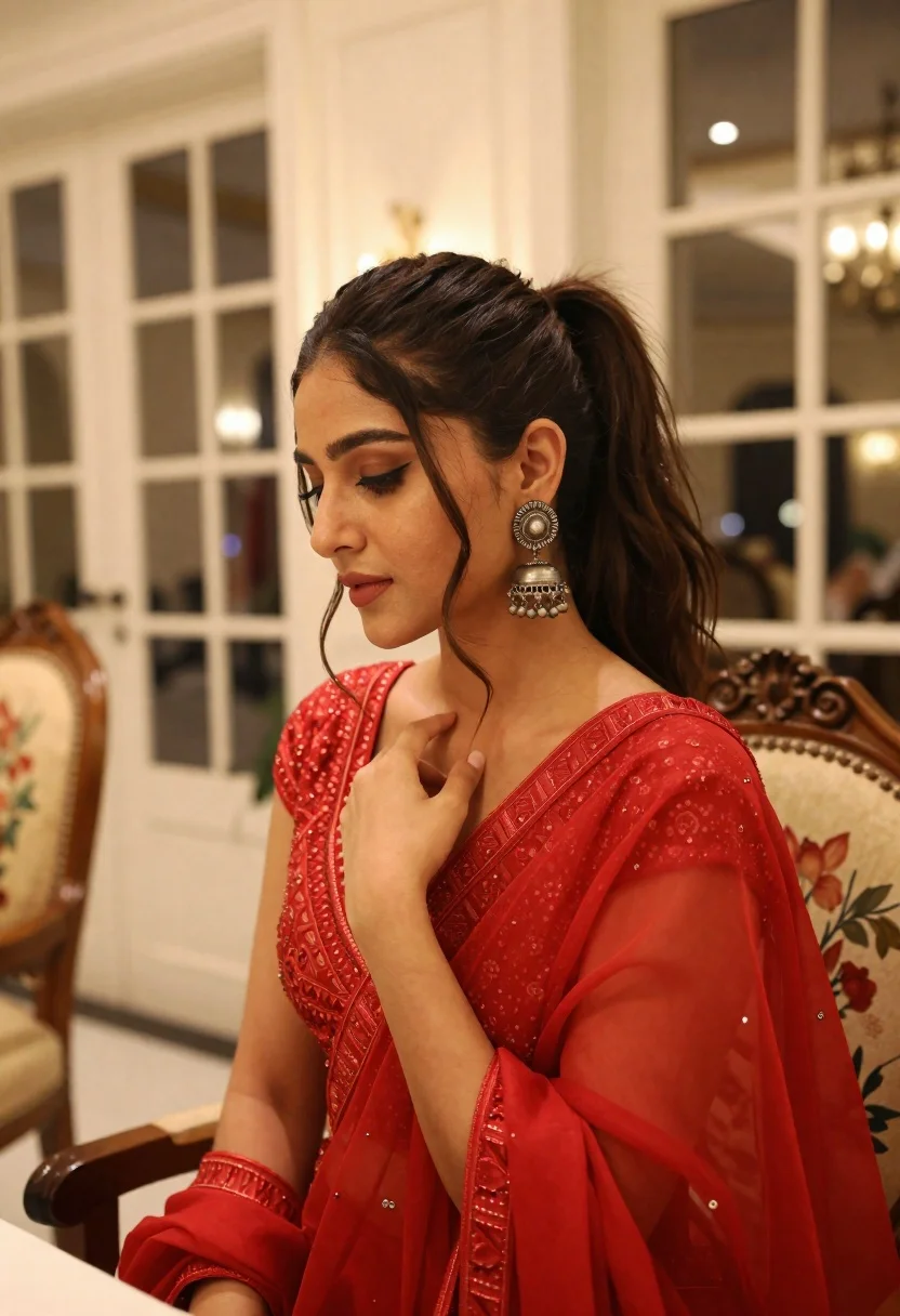 Young woman in red sheer outfit touching shoulder indoors at soft light