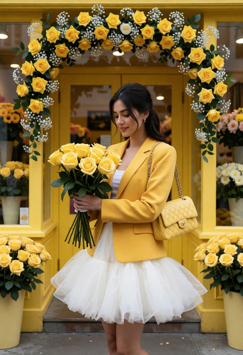 Young woman holding yellow roses at a bright yellow flower shop entrance - AI generated image prompt sample