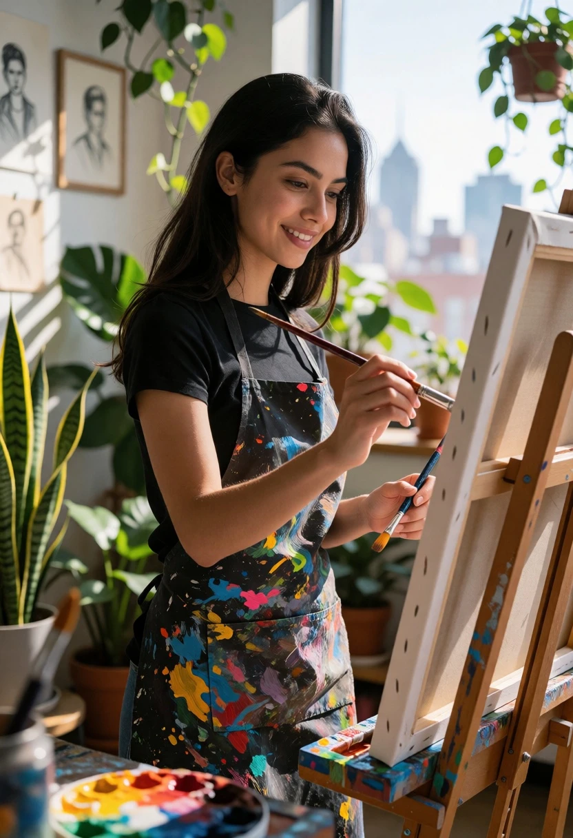 Woman painting in sunlit art studio surrounded by houseplants and city view - AI generated image prompt sample