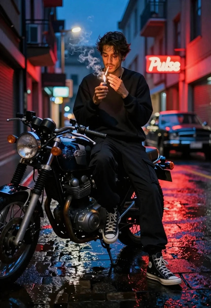 Young man lighting cigarette on vintage motorcycle in neon city street - AI generated image prompt sample