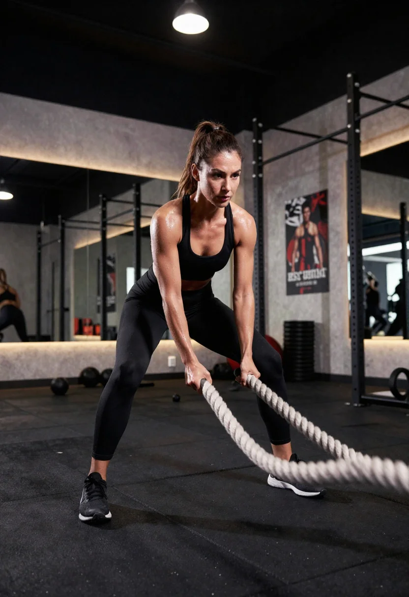 Fit athletic woman slamming battle ropes in modern gym studio