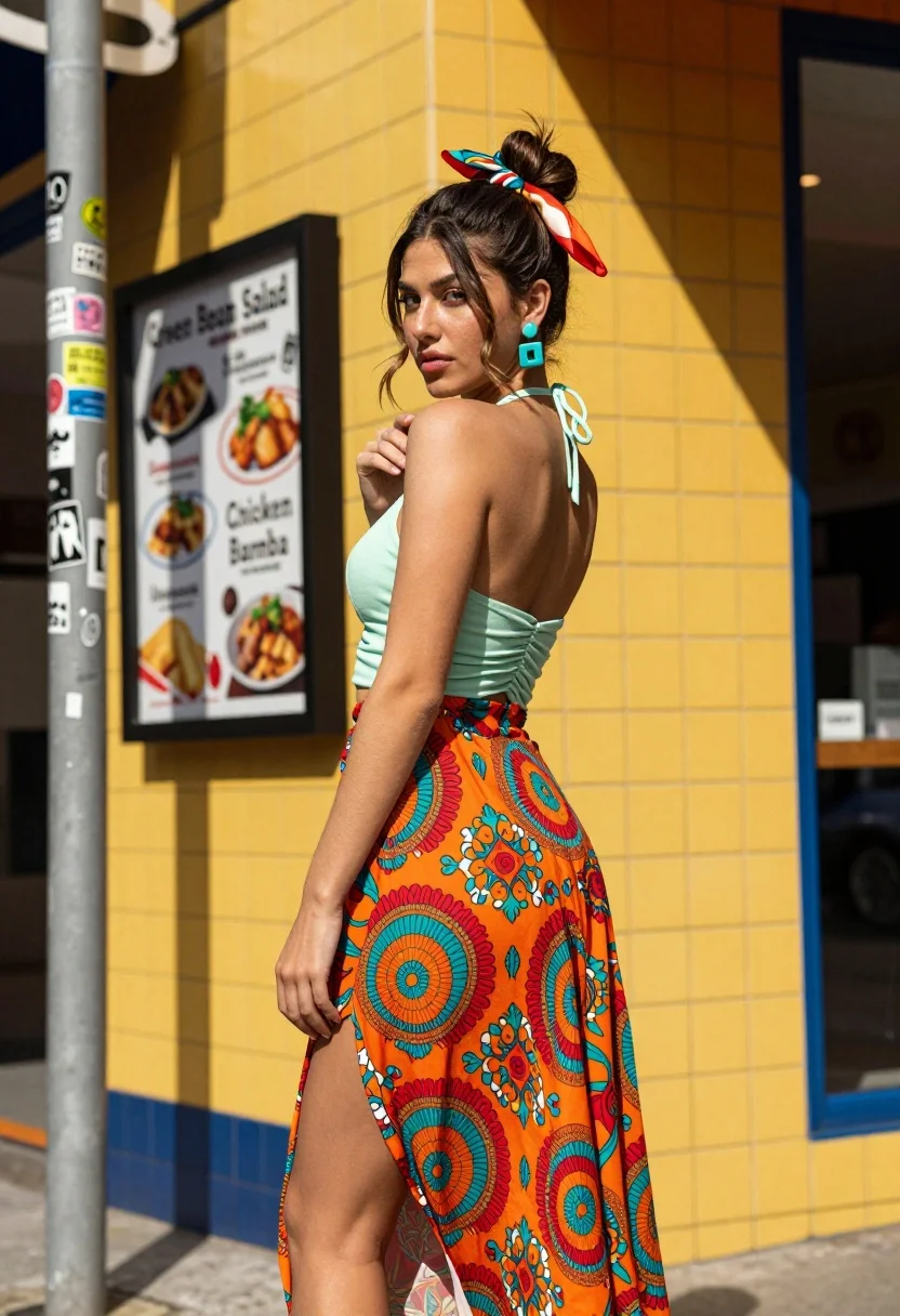 Young woman looking back over shoulder against bright yellow tiled urban facade - AI generated image prompt sample