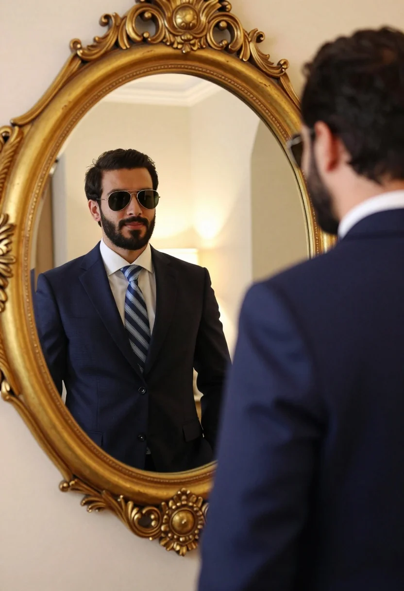 Man in navy suit viewing reflection in ornate gold mirror indoors - AI generated image prompt sample