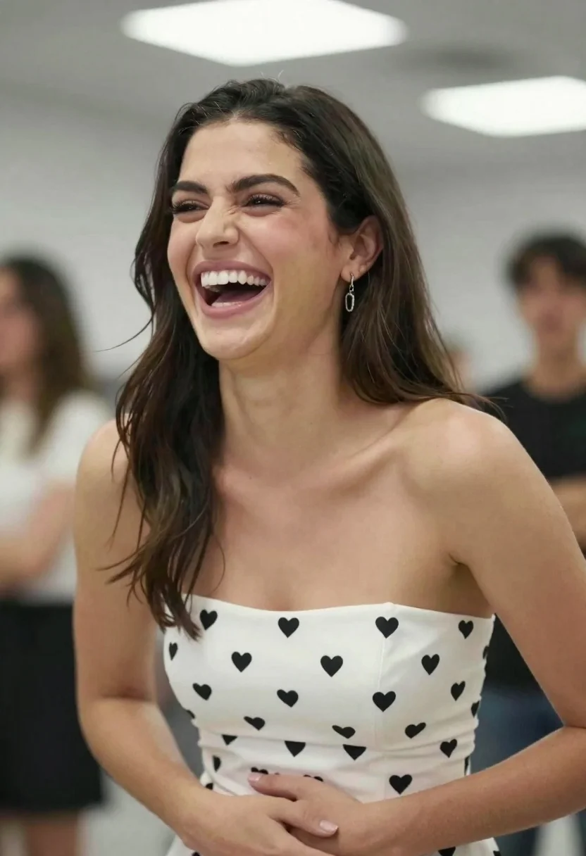 Joyful woman laughing in white heart dress indoors with bright light