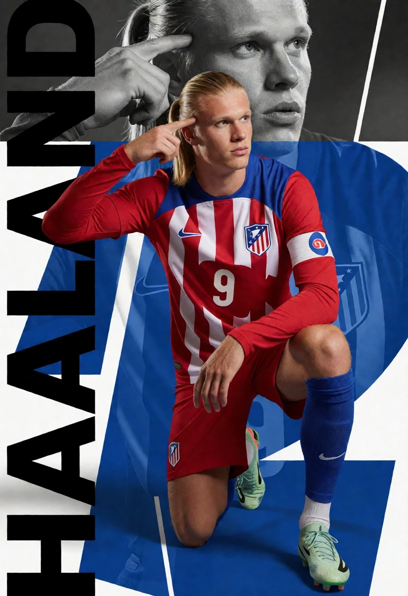 Dynamic sports poster of football player kneeling pointing to temple against graphic - AI generated image prompt sample