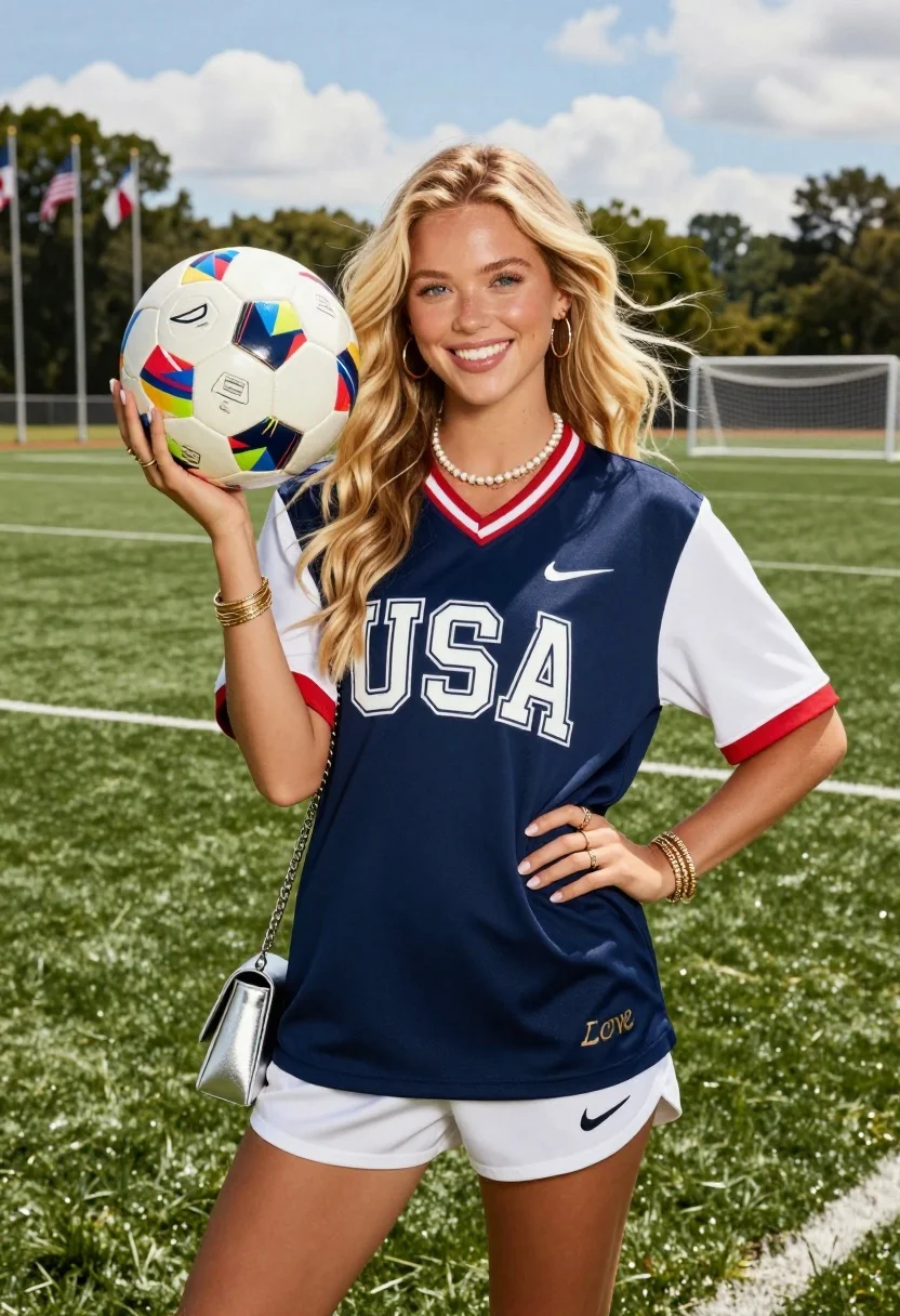 Smiling blonde woman in usa soccer jersey on green field - AI generated image prompt sample