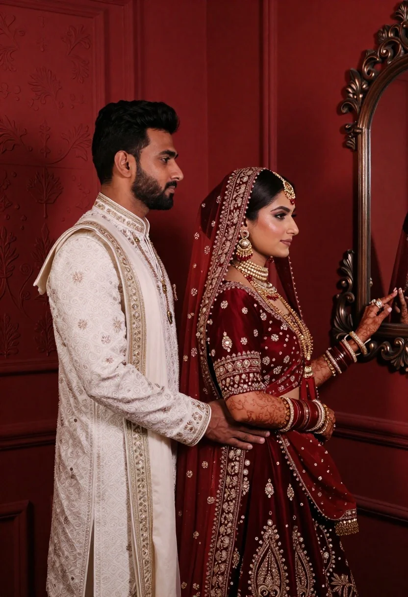 South asian couple in traditional wedding attire against red textured wall
